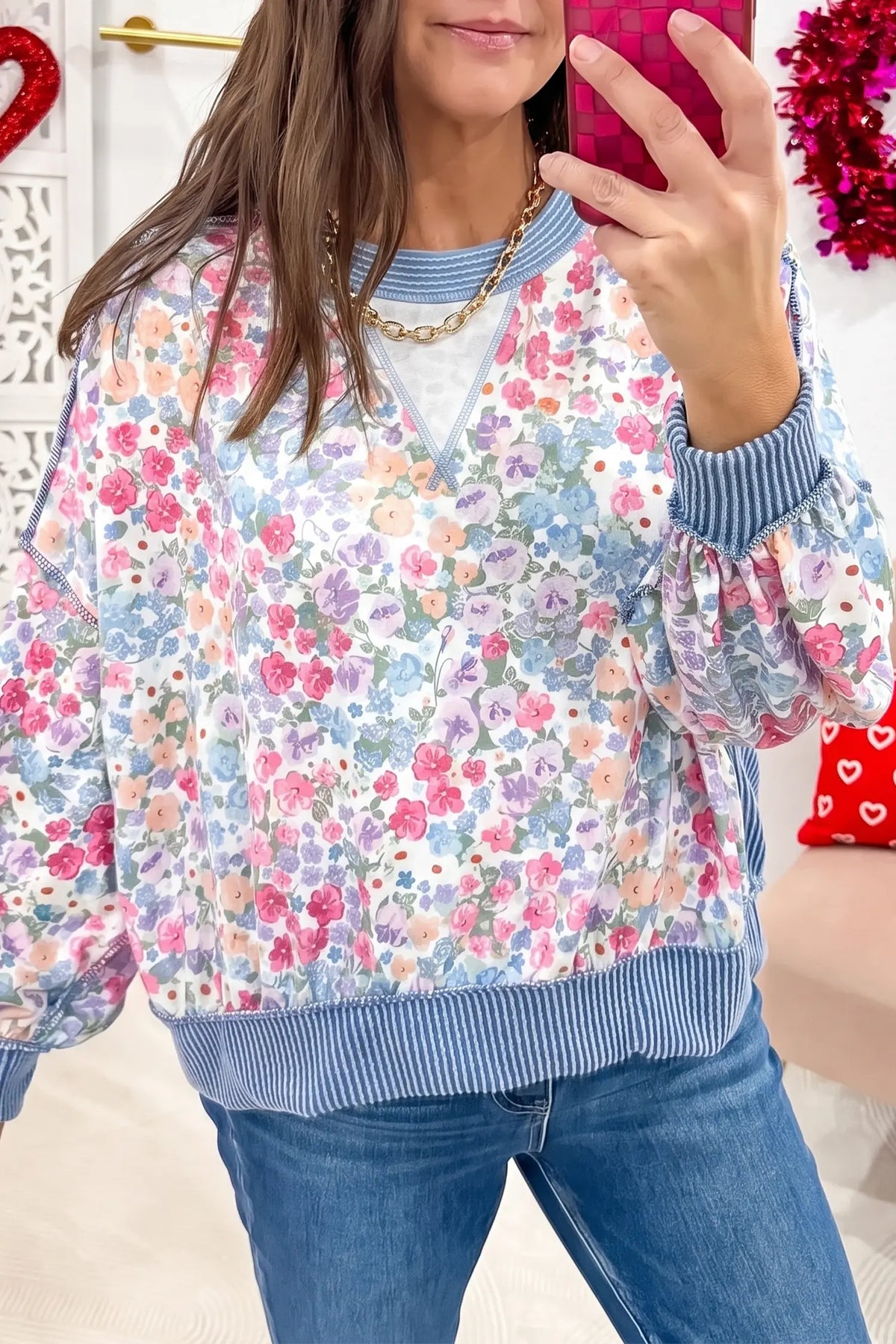 Floral Print Round Neck Long Sleeve Top – Multicolour