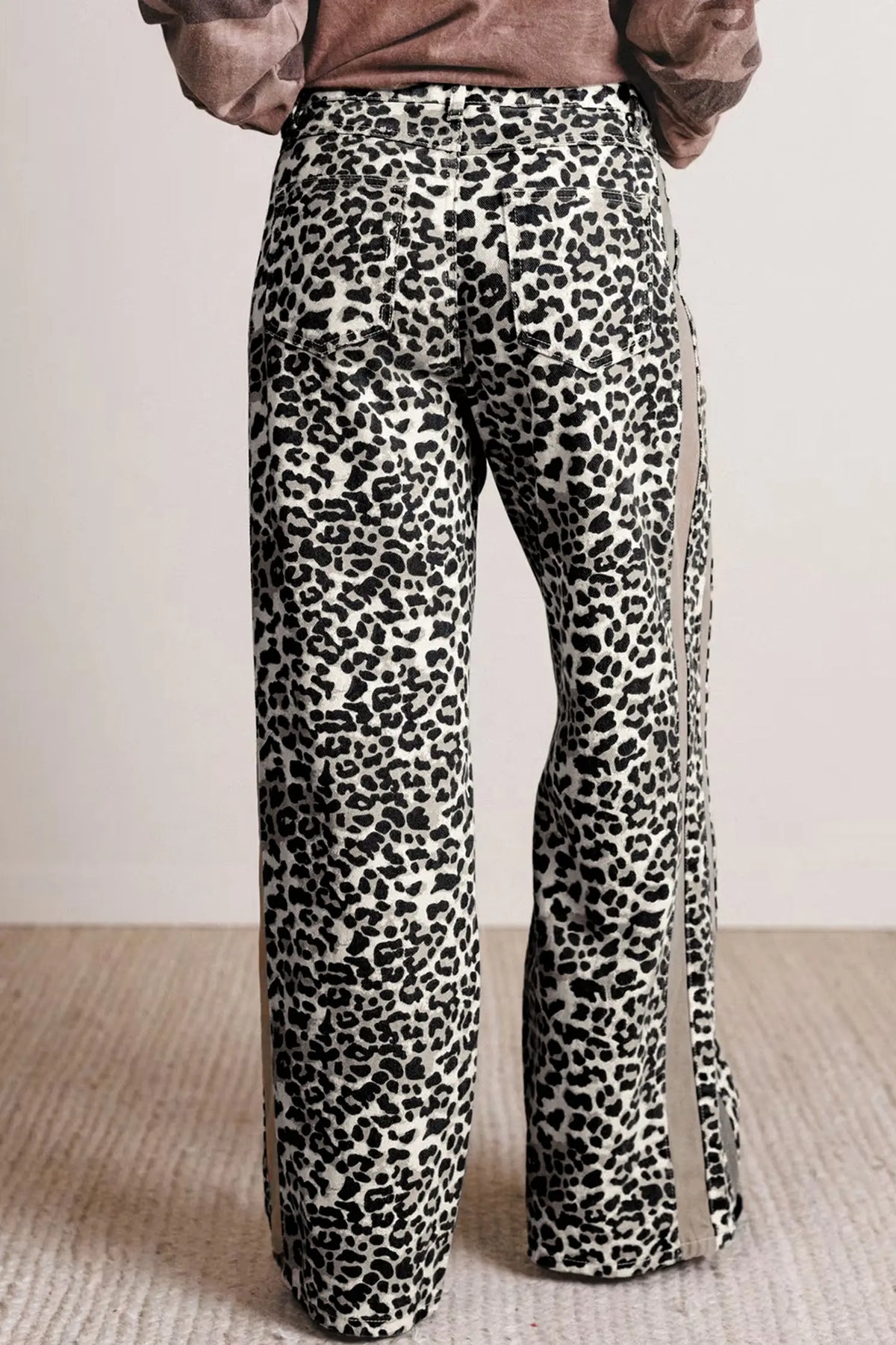 Leopard Print Drawstring Waist Straight Leg Jeans – Khaki