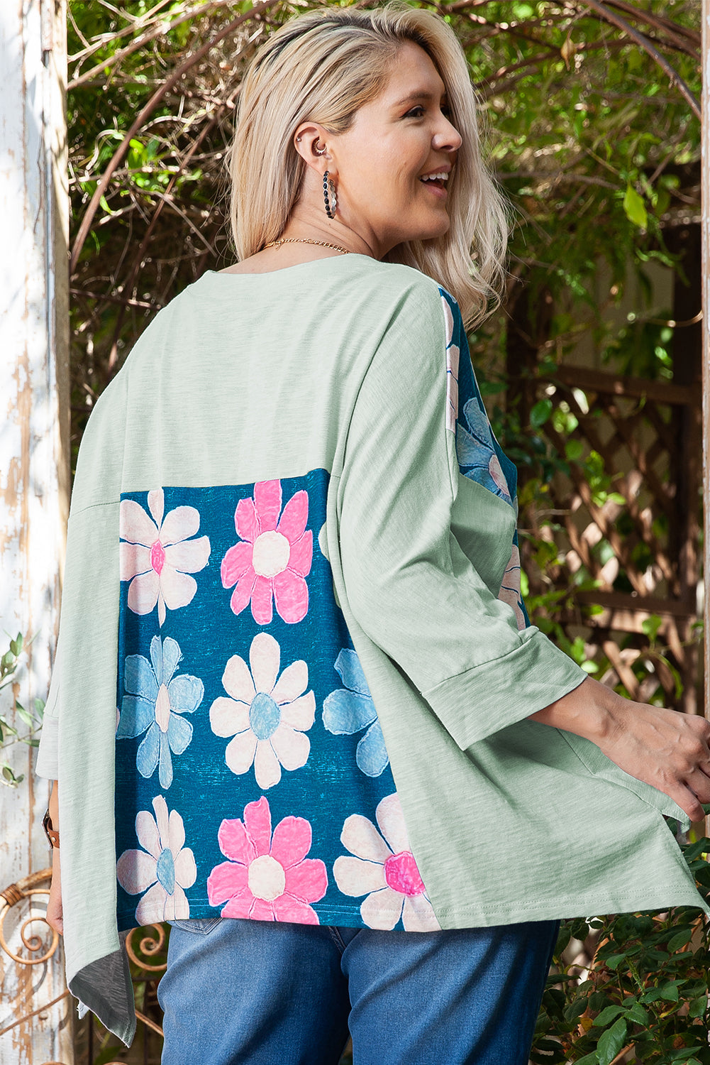 Green Plus Size Flower Patchwork High Low Top BB Fashion Outlet