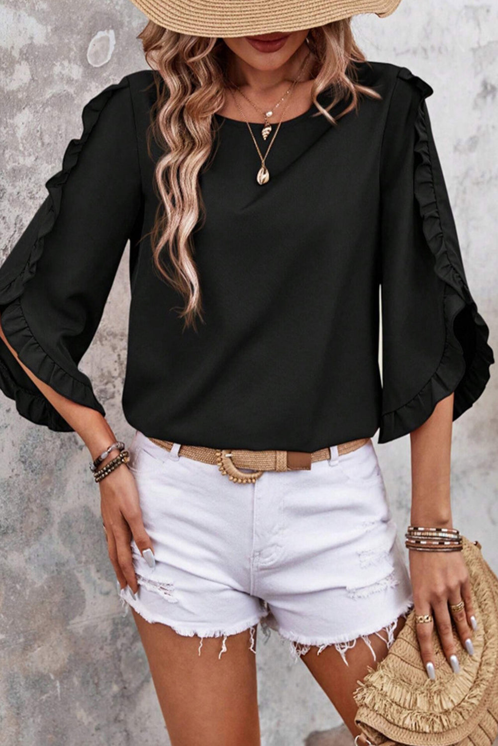 Ruffle Trimmed 3/4 Sleeve Round Neck Blouse eAura
