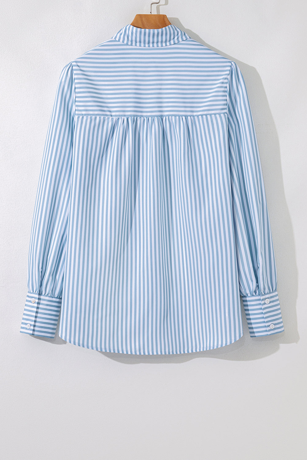 Stripe Shirred Half Collared Long Sleeve Blouse - eAura