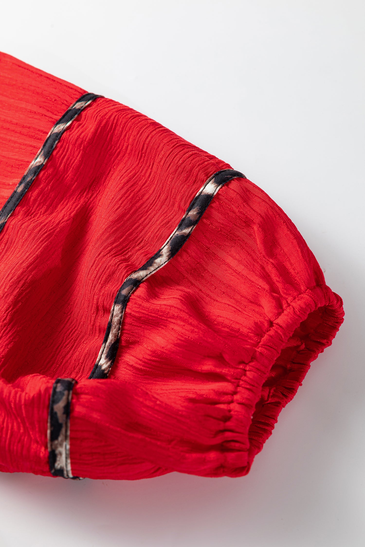 Red Textured V-Neck Leopard Contrasted Trim Long Sleeve Shift Mini Dress