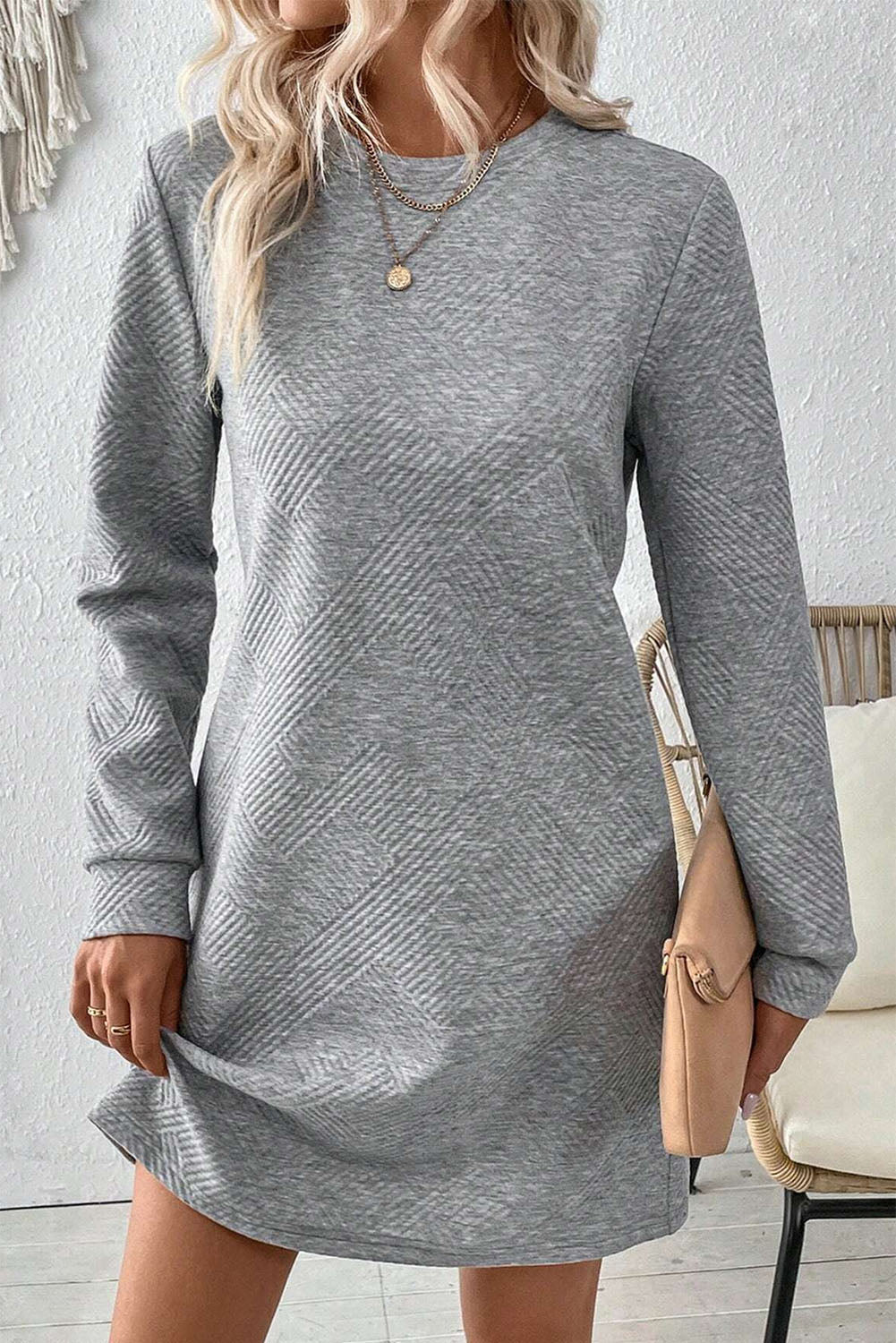 Textured Long Sleeve Shift Dress - Dresses/Mini Dresses
