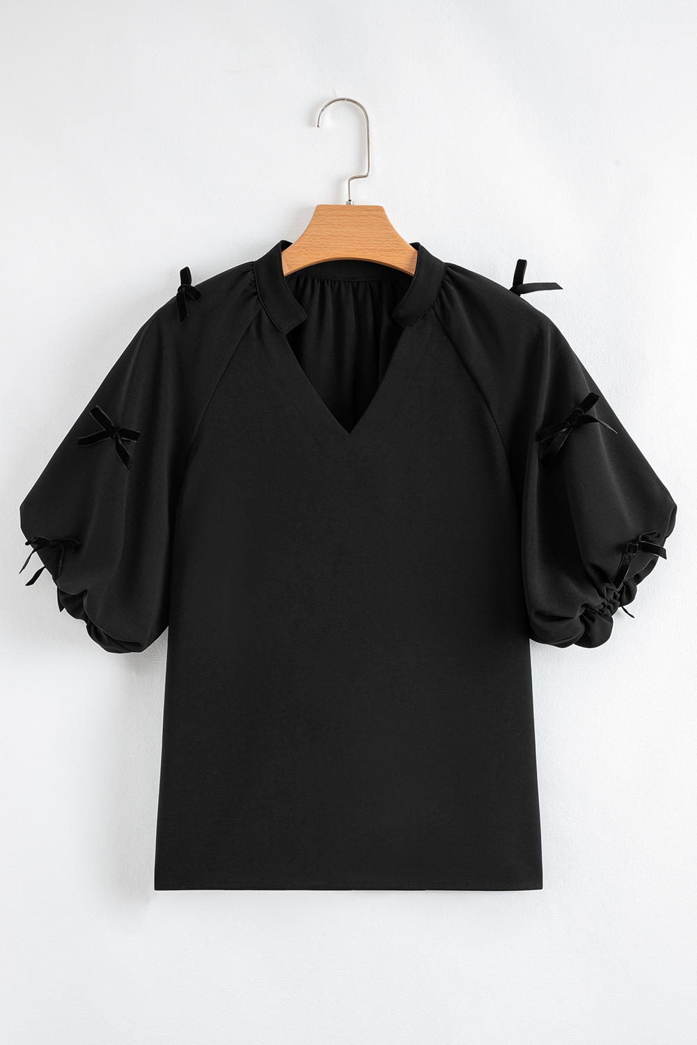 Black Bow Decor Puff Sleeve Split Neck Blouse eAura