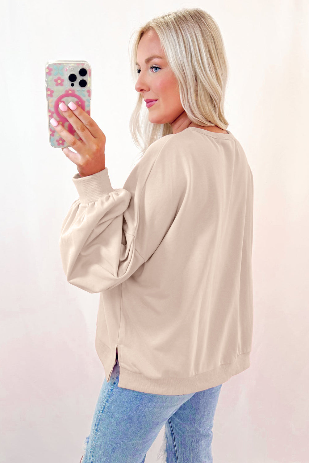 Parchment Embroidered Bow Lantern Sleeve Oversized Pullover Sweatshirt eAura
