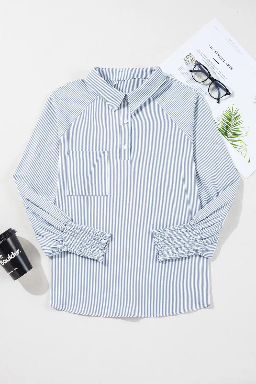 Pinstripe Long Sleeve Smocked Cuffs Button Shirt Collar Blouse – Sky Blue Stripe