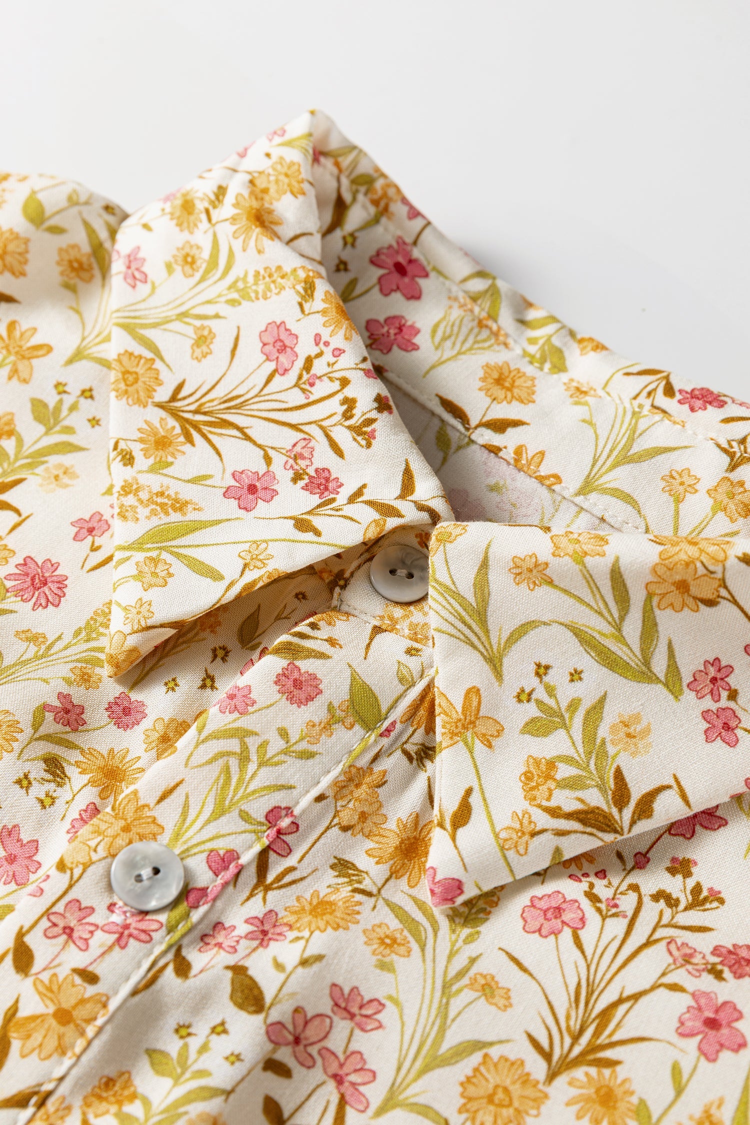 Floral Print Frilly Trim Smocked Cuff Long Sleeve Loose Shirt Dress - eAura