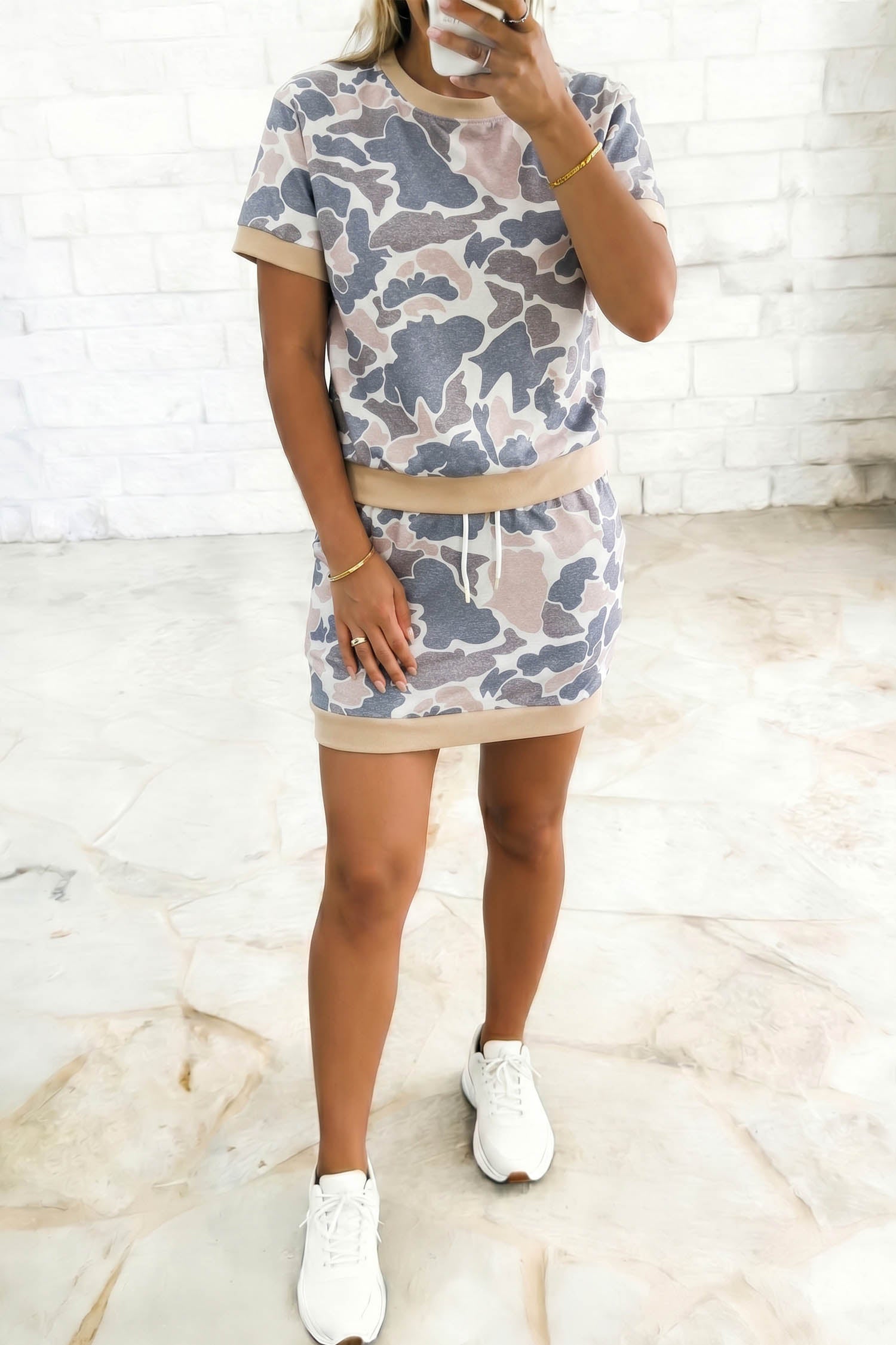 Retro Camouflage Color Block Trim Skort 2pcs Outfit – Multicolour