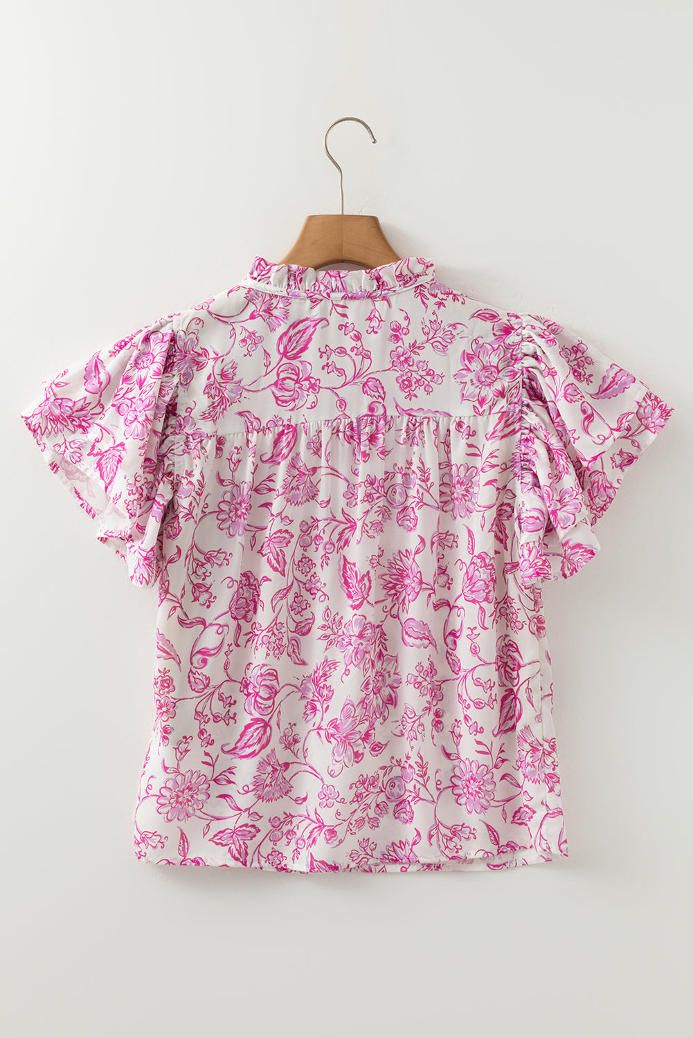 Pink Baroque Floral Ruffle Sleeve V-Neck Blouse Top eAura