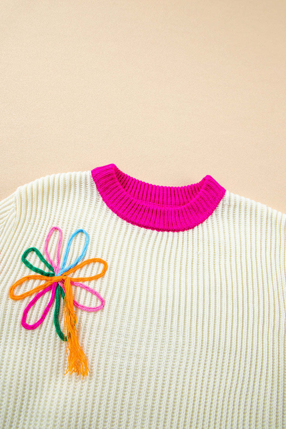 Beige Colourblock Flower Print Cable Knit Loose Sweater eAura
