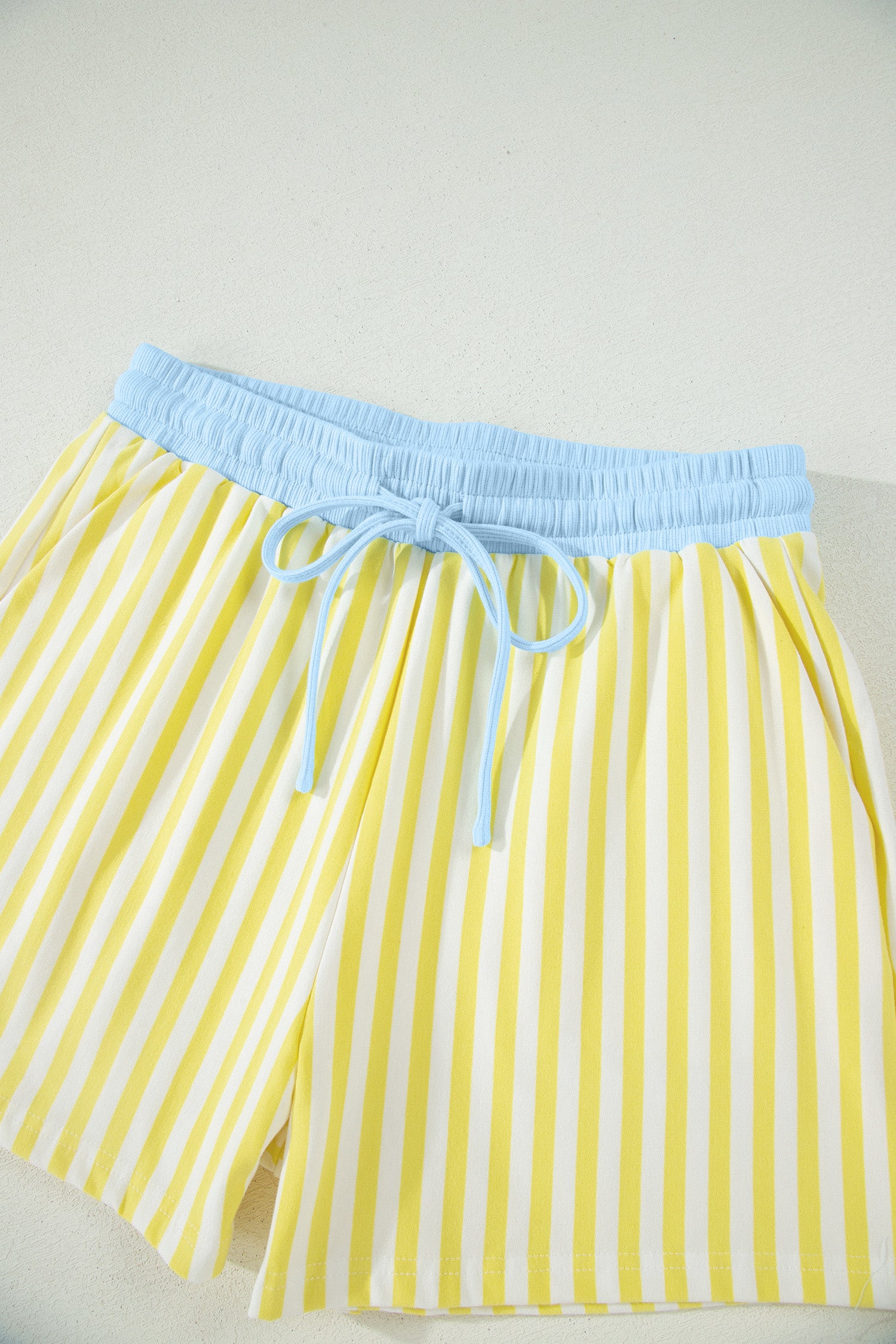 Colorblock Trim V Neck Tee Drawstring Elastic Waist Short Set – Yellow Stripe