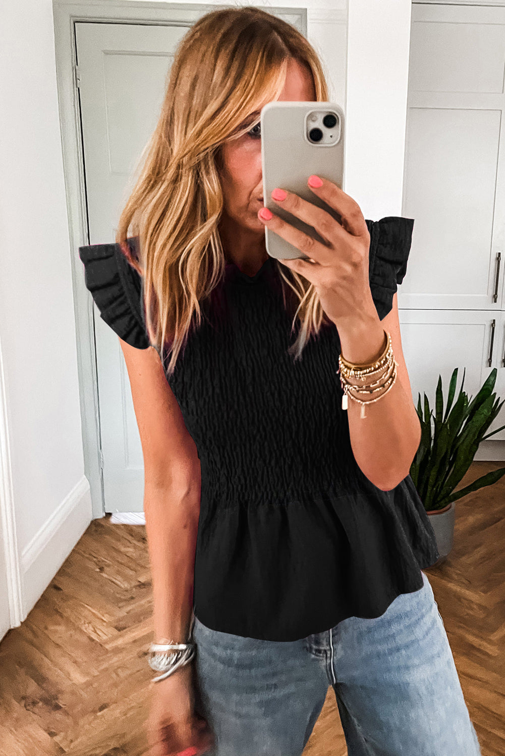 Black Ruffle Short Sleeve Shirred Peplum Top eAura