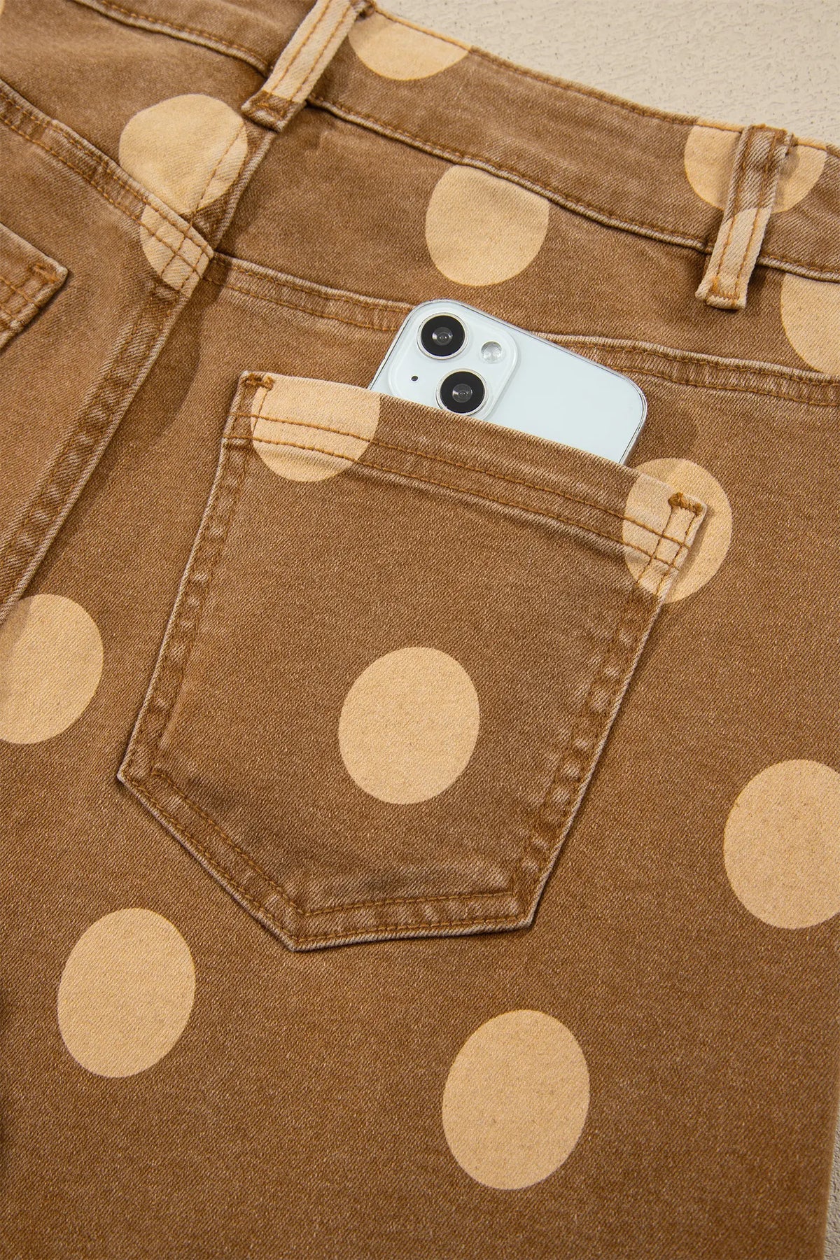 Polka Dot Ankle-Length Metal Button Casual Jeans – Brown
