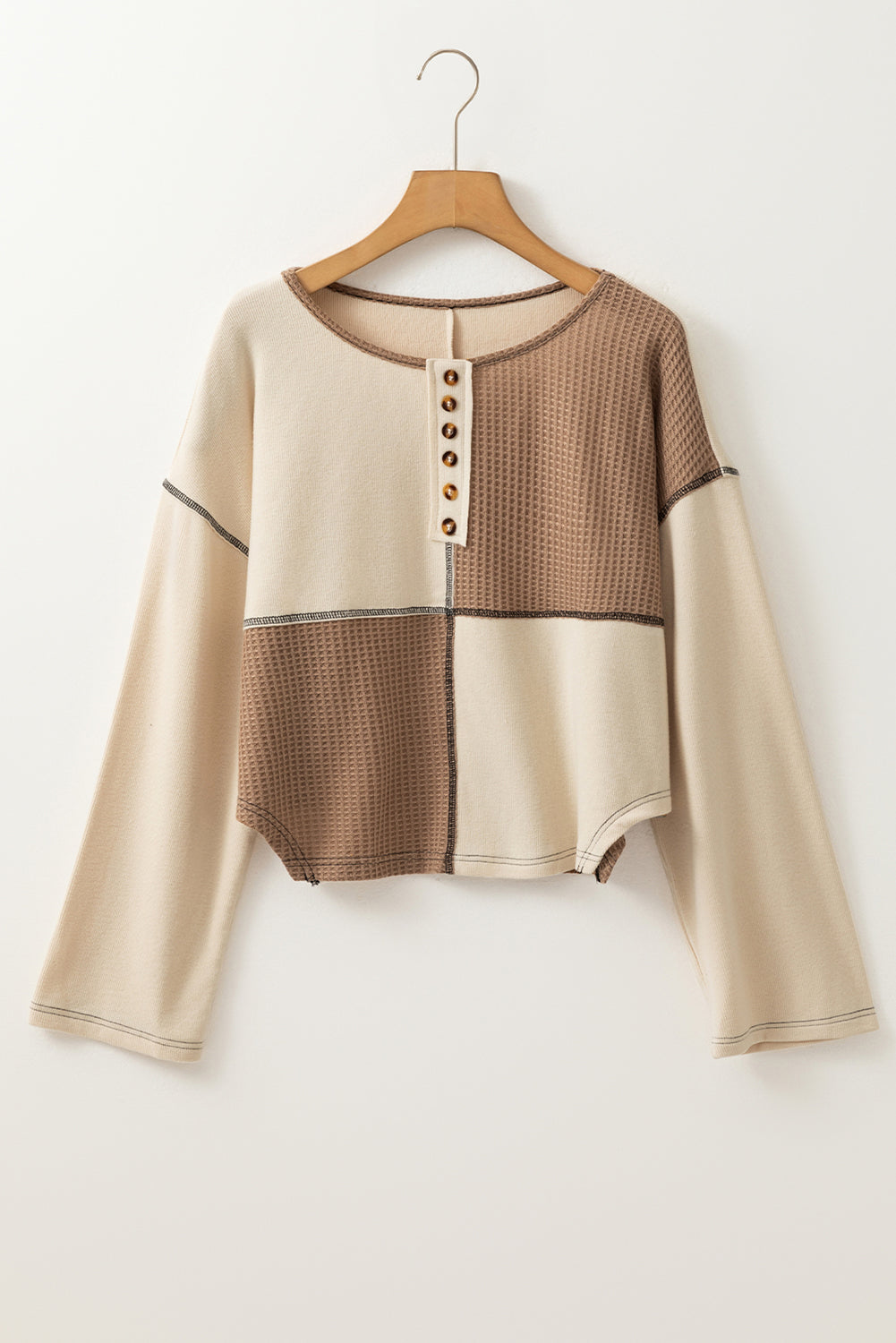 Waffle Stitch Detail Long Sleeve Boxy Top - eAura