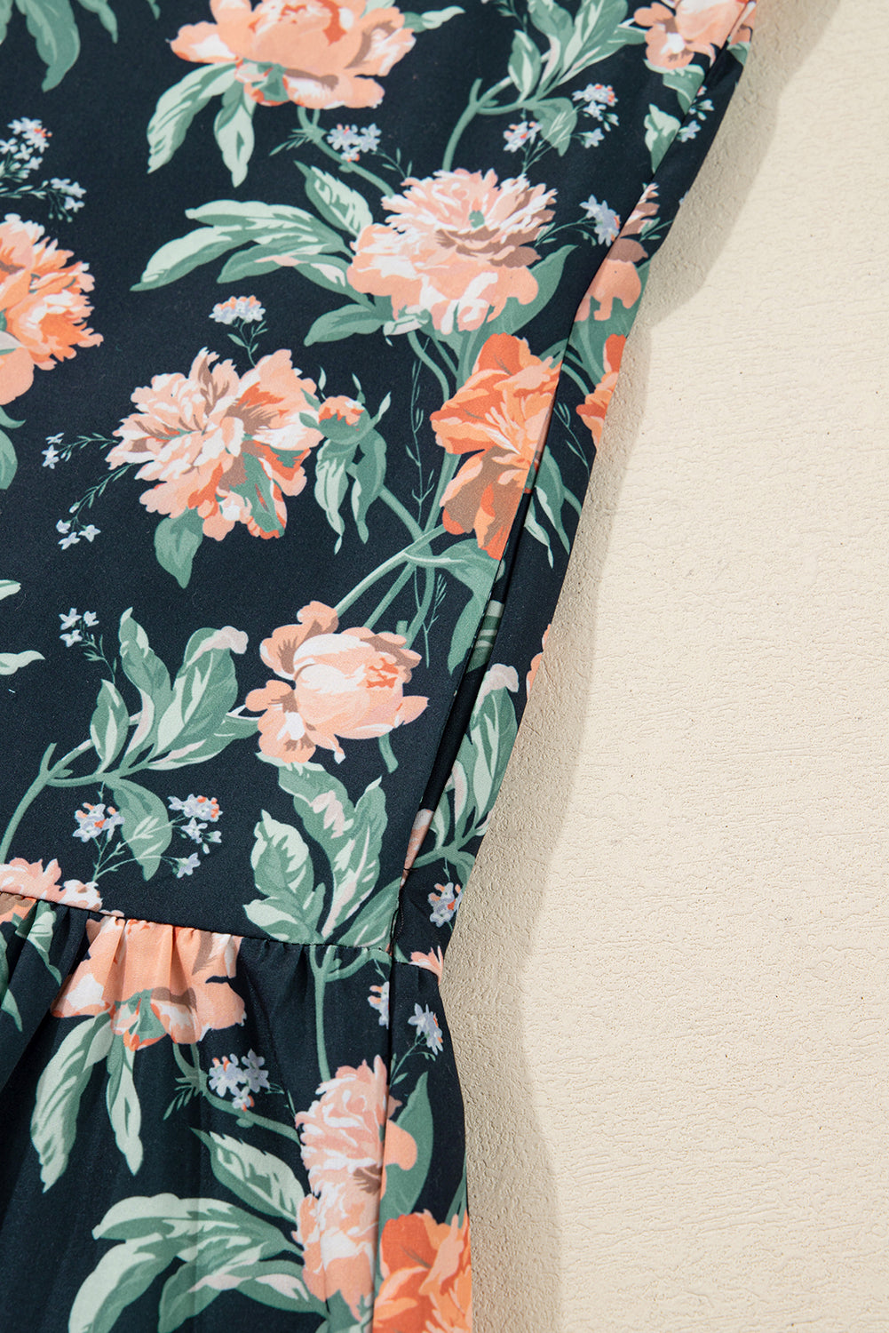 Floral Print Striped Trim V-Neck Long Sleeve Ruffle Hem Shift Mini Dress - eAura