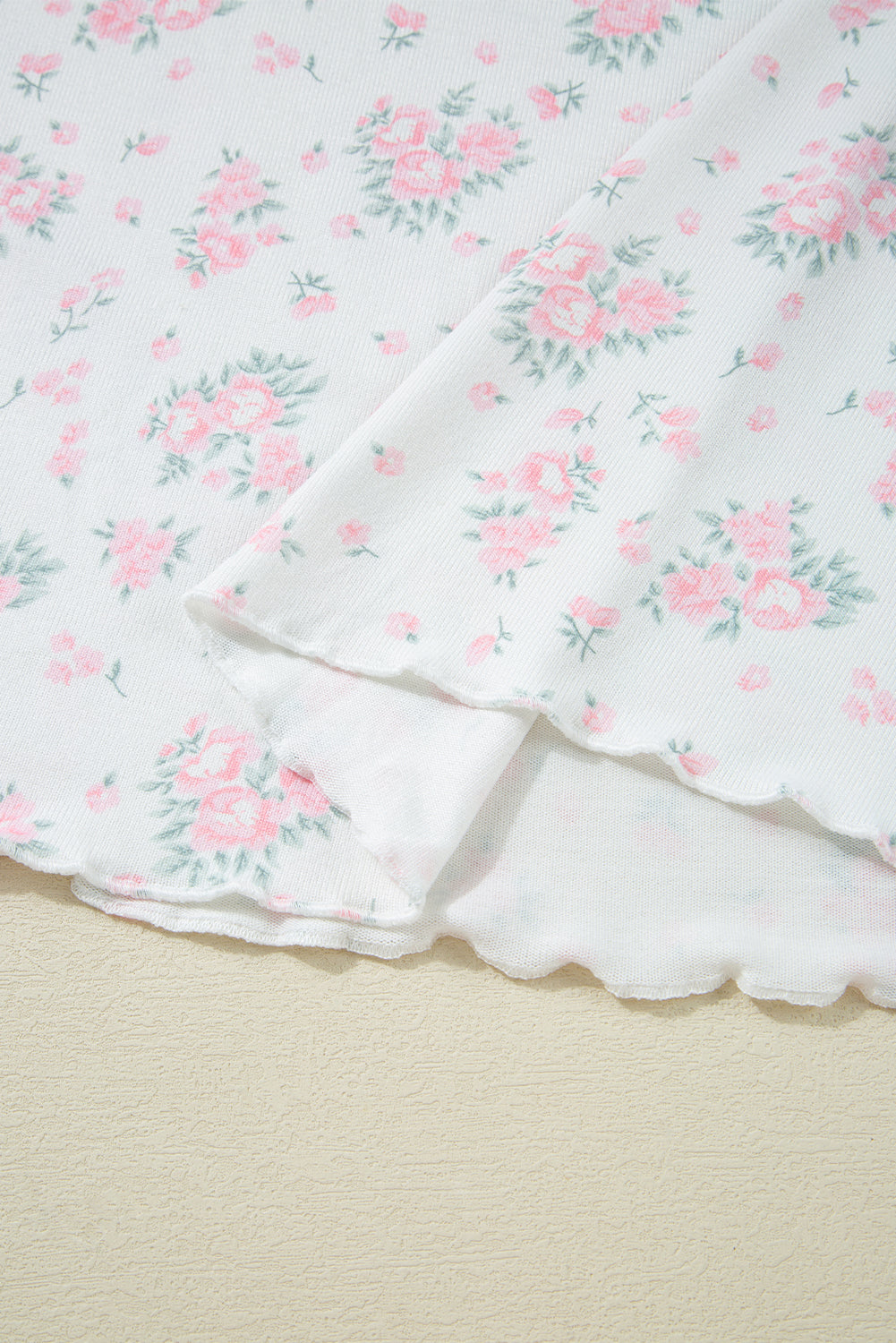 Pink Floral Lettuce Trim Tee and Shorts Ribbed Lounge Set eAura