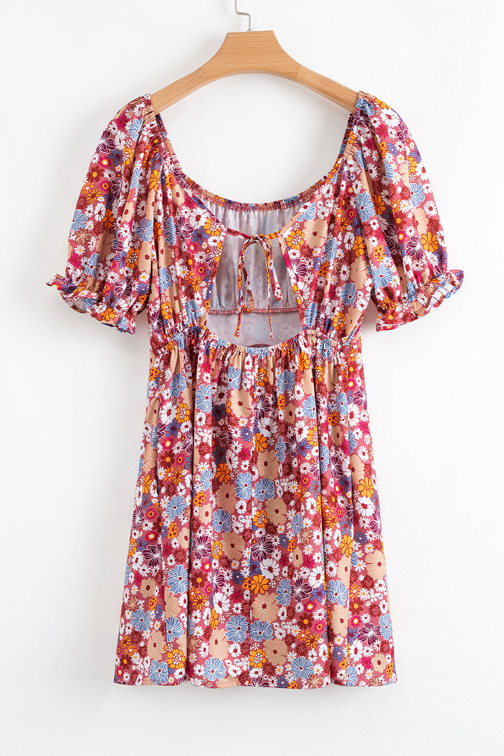 Red Floral Puff Sleeve Square Neck Knot Open Back Mini Dress eAura
