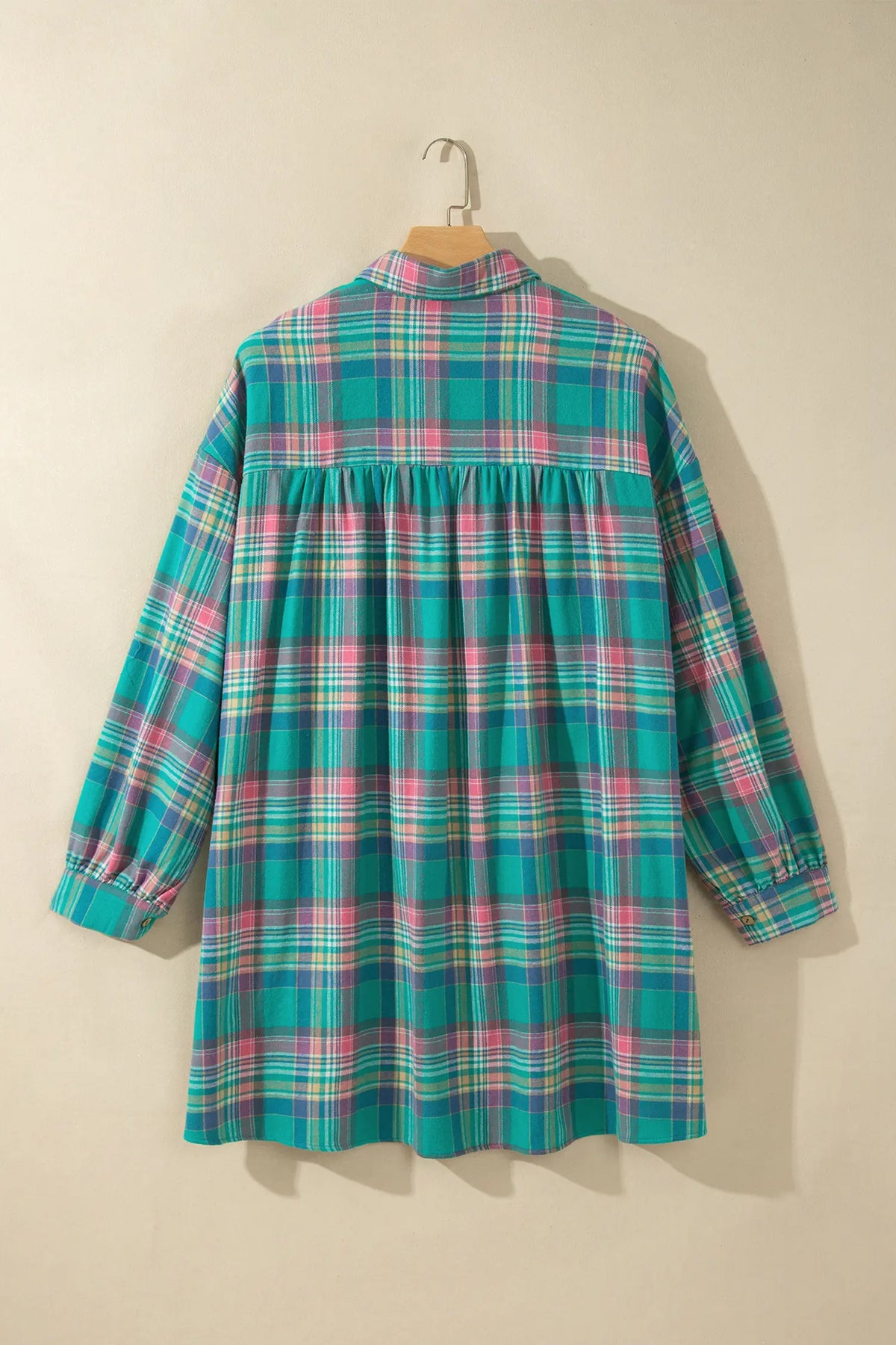 Plaid Button-Up Shift Long Sleeve V Neck Plus Size Dress – Green
