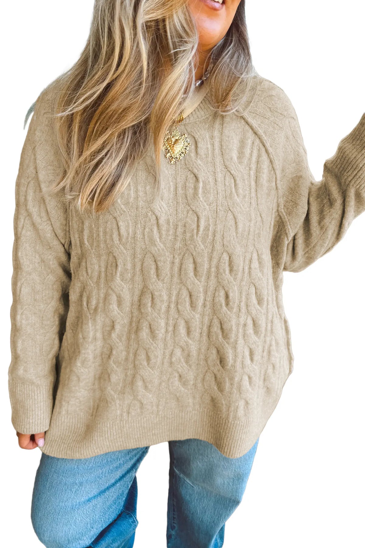 Oversized Cable Knit Long Sleeve Round Neck Tunic Length Plus Size Sweater – Parchment