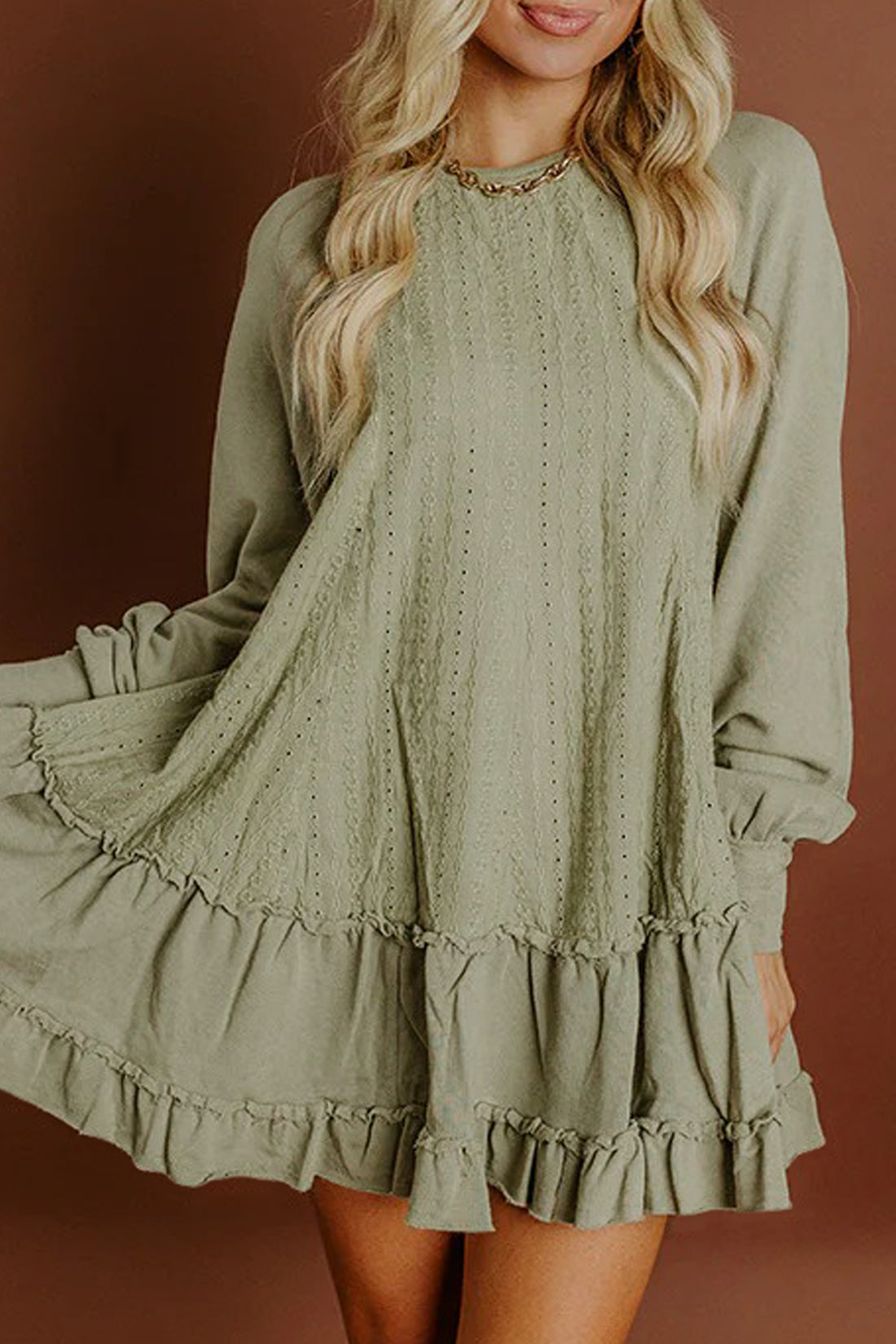 Textured Frilled Ruffled Long Sleeve Mini Dress