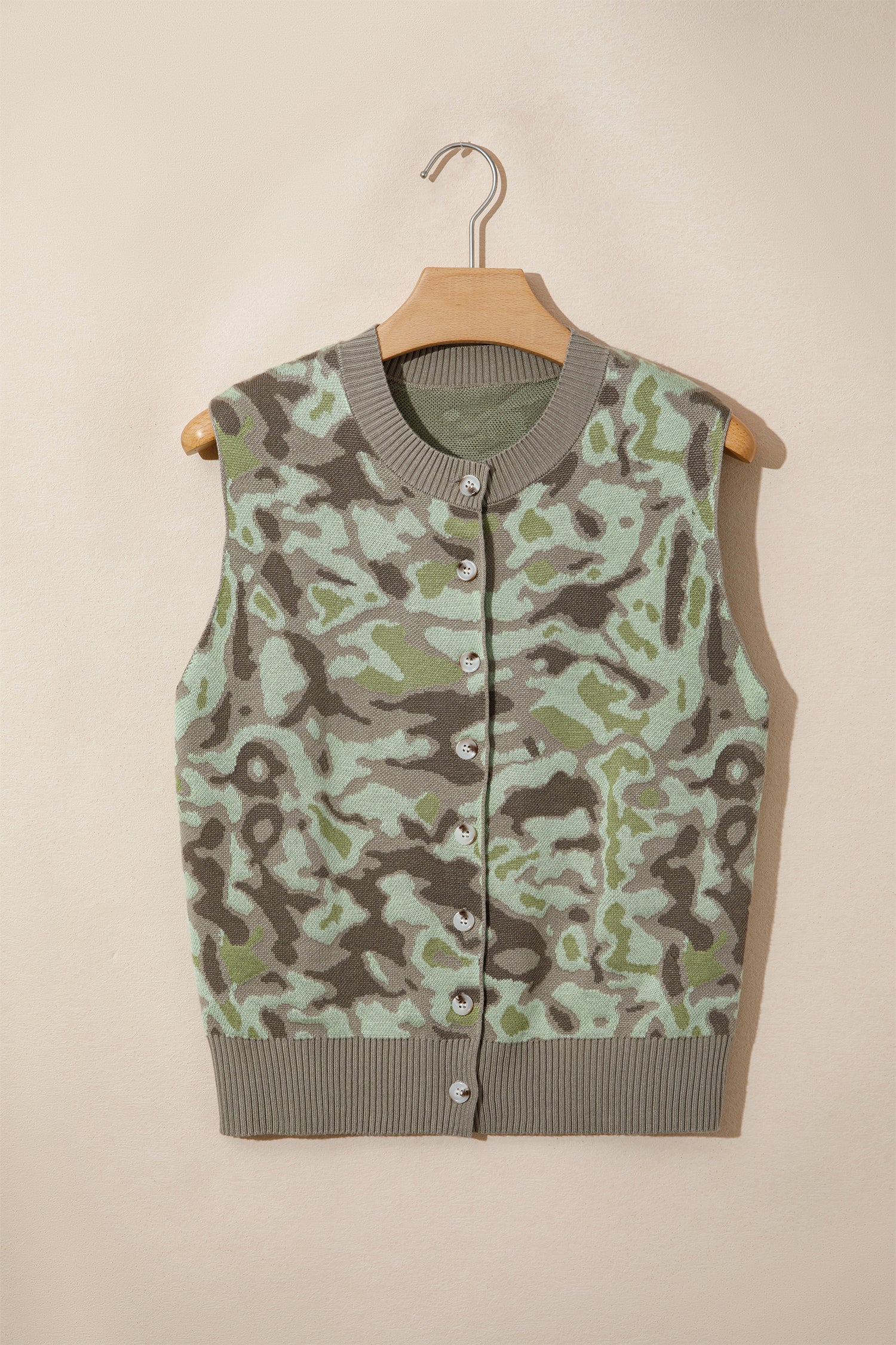 Camo Print Button Front Loose Sweater Vest – Green