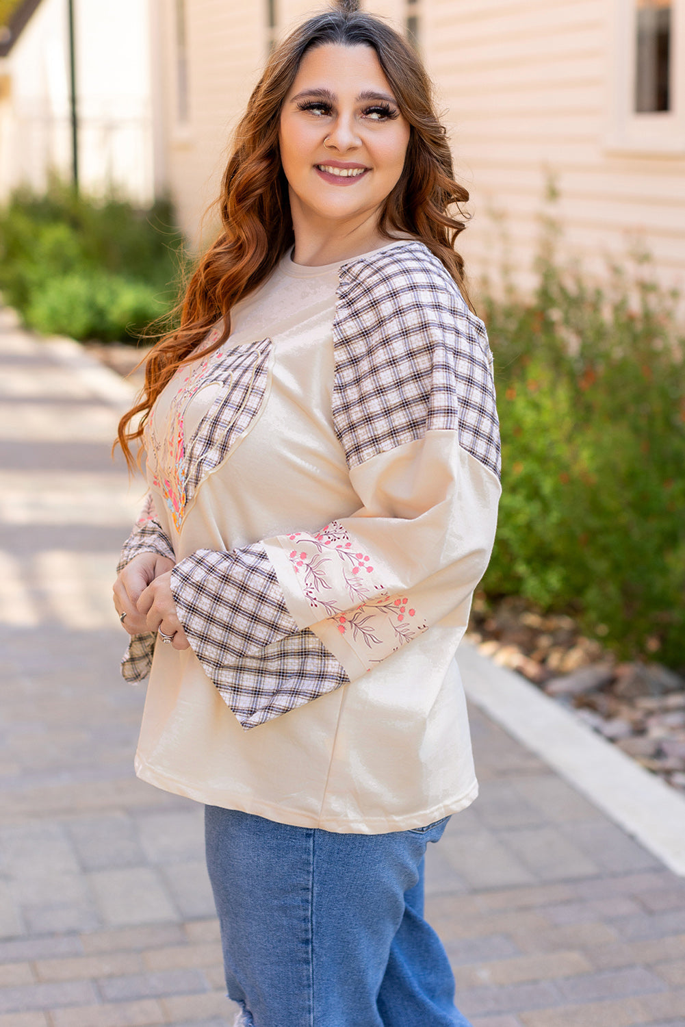 Clearly Aqua Plaid Floral Peace Heart Graphic Wide Long Sleeve Top Beagle Boutique Fashion Outlet
