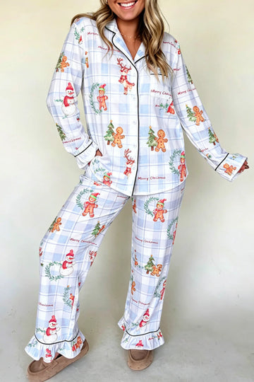 2pc Pajama Set Shirt Top & Straight-Leg Pants — Plaid Cartoon Christmas Print