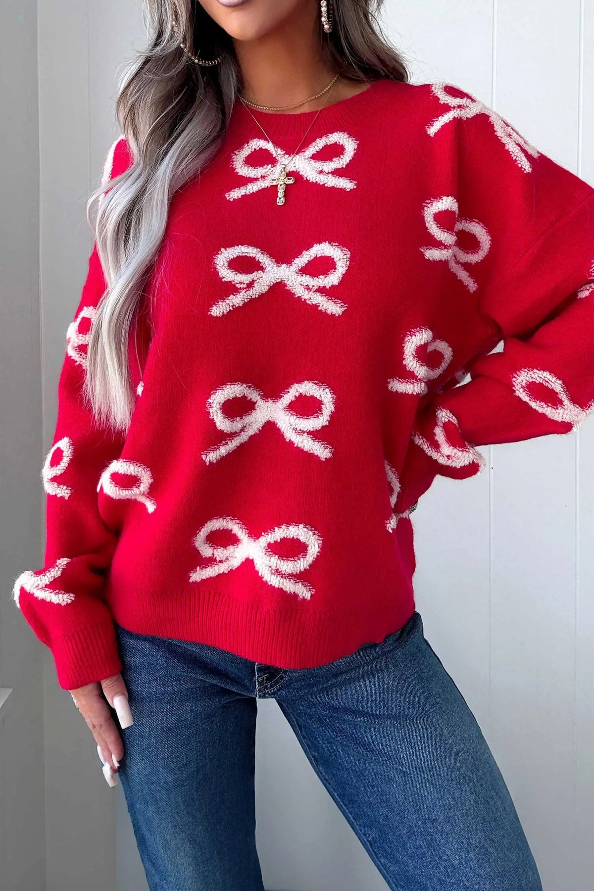 Fiery Red All Over Bow Dropped Shoulder Round Neck Shift Sweater