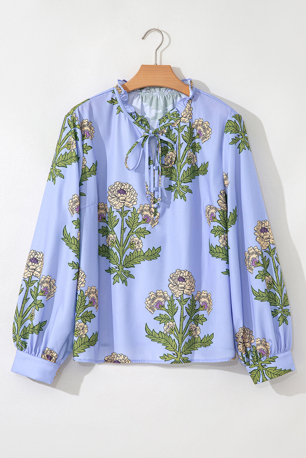 Floral Print Button Tie Neck Long Puff Sleeve Blouse - eAura