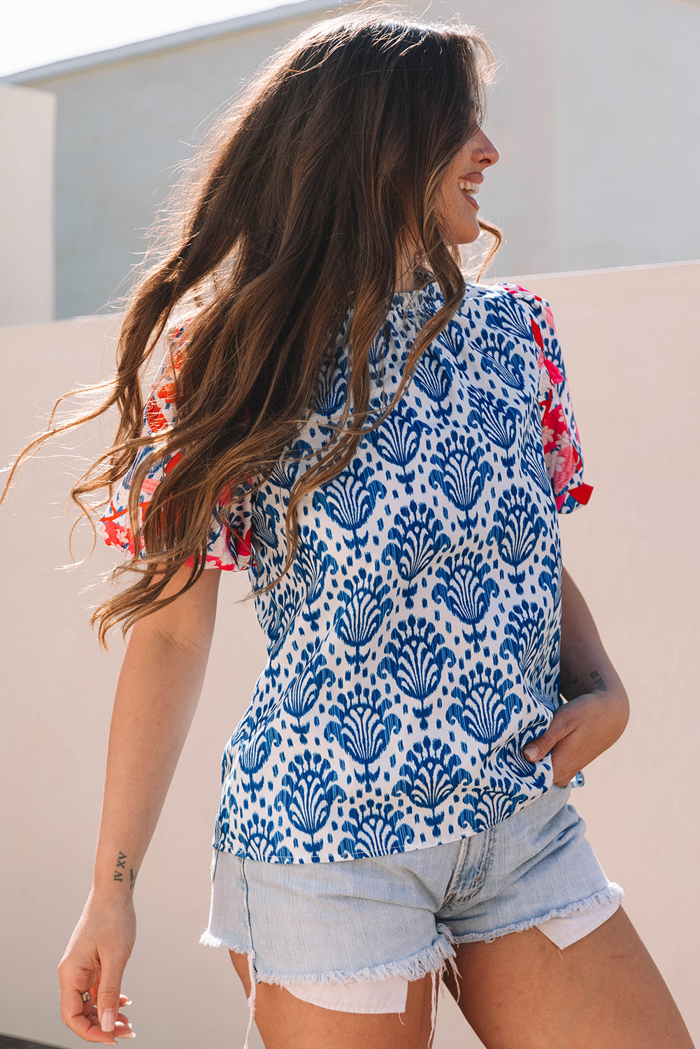 Blue Western Fashion Print Floral Puff Sleeve Frilled Neck Blouse eAura