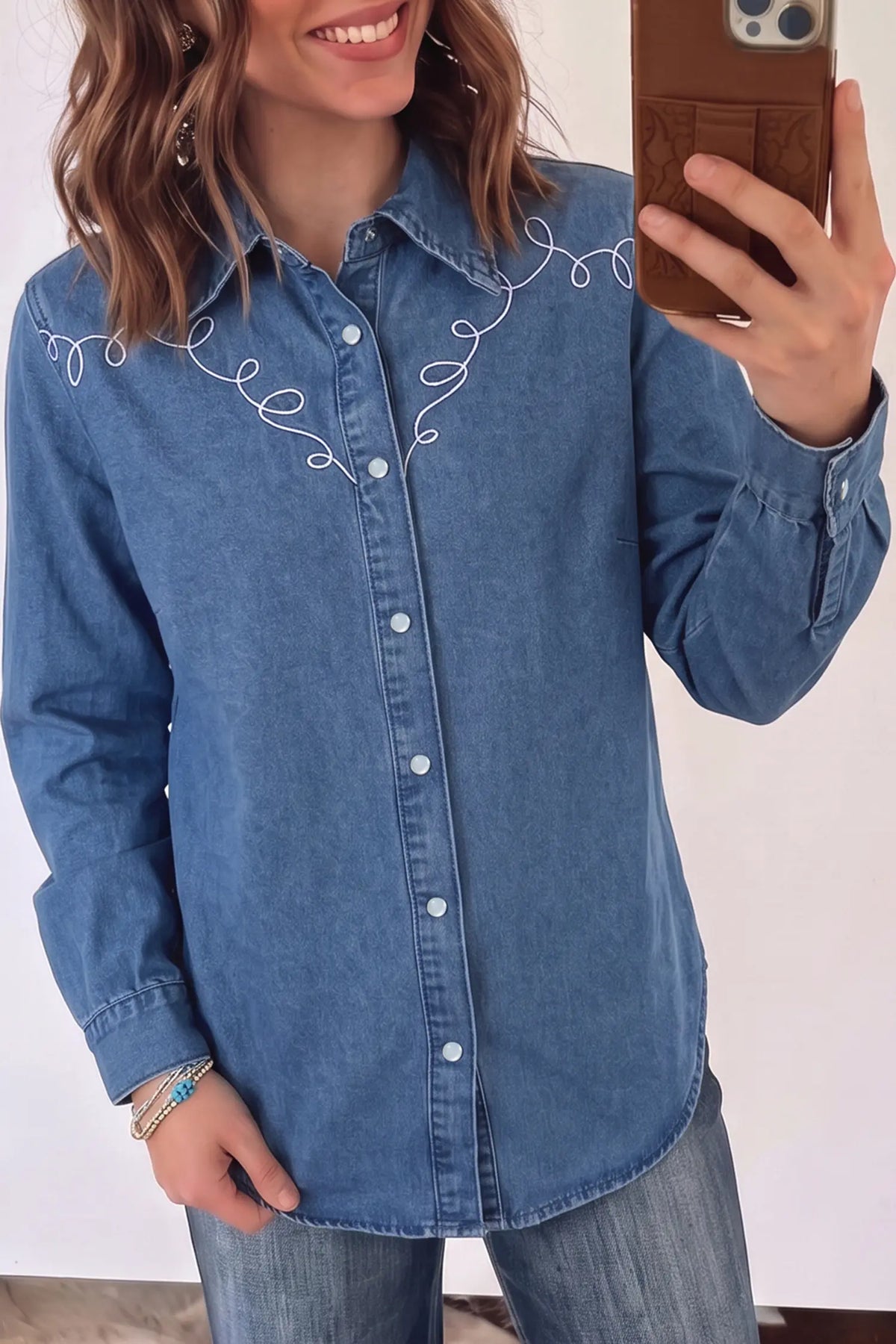 Western Embroidered Collar Long Sleeve Denim Shirt – Dusk Blue