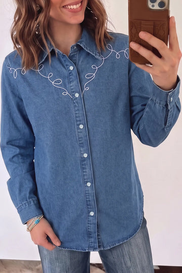 Western Embroidered Collar Long Sleeve Denim Shirt – Dusk Blue