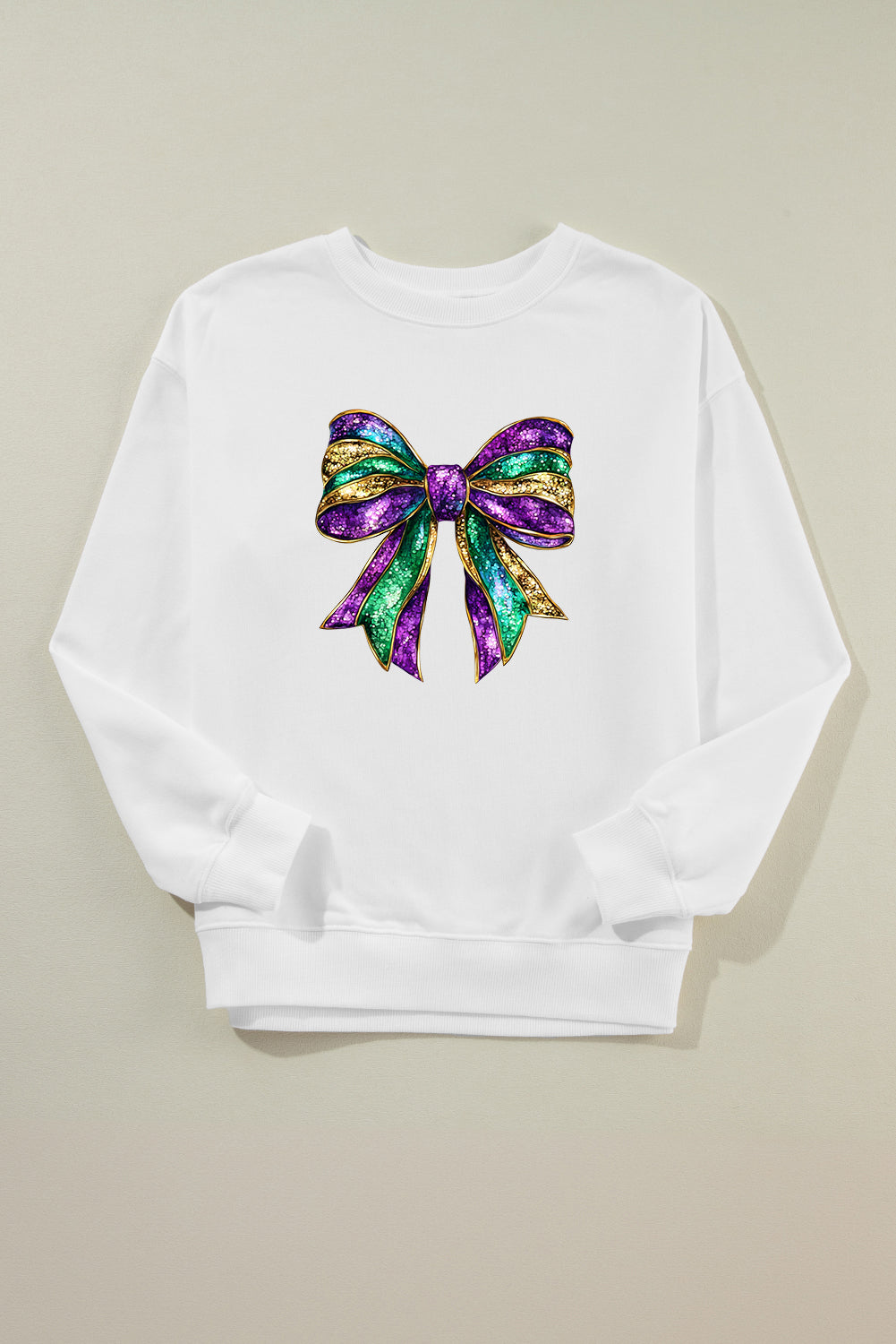 White Mardi Gras Bow Graphic Drop Shoulder Sweatshirt eAura