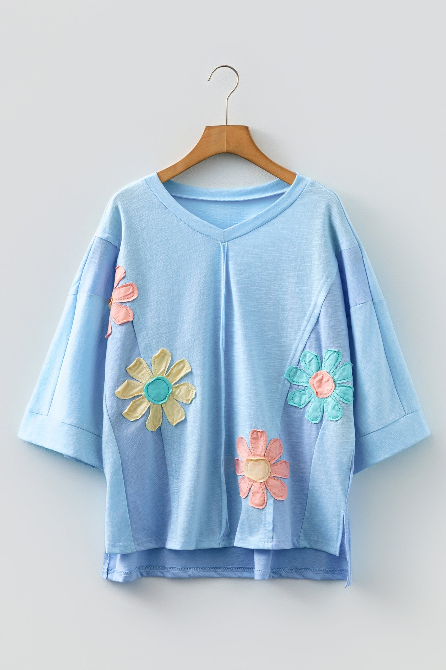 Flower Patched Exposed Seam Bracelet Sleeve Oversized T-Shirt - eAura