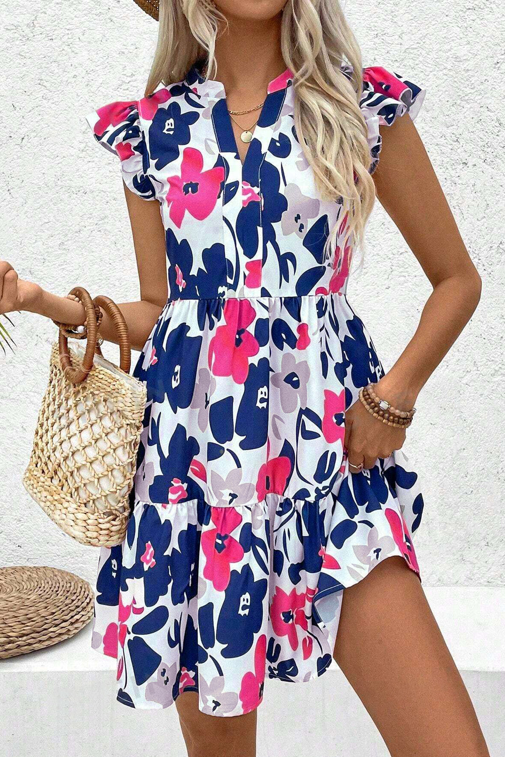 Floral Print Notched Neck Flutter Sleeve Mini Dress BB Fashion Outlet