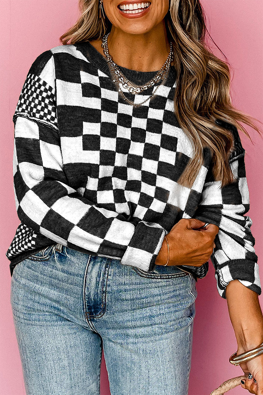 Khaki Checkered Print Drop Shoulder Round Neck Sweater eAura