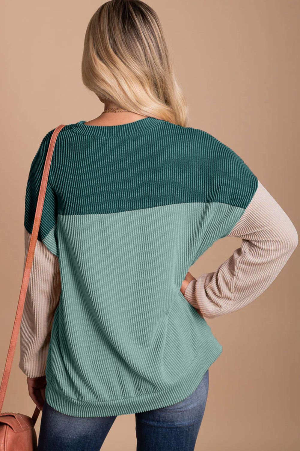 Khaki Colour Block Long Sleeve Ribbed Loose Top eAura