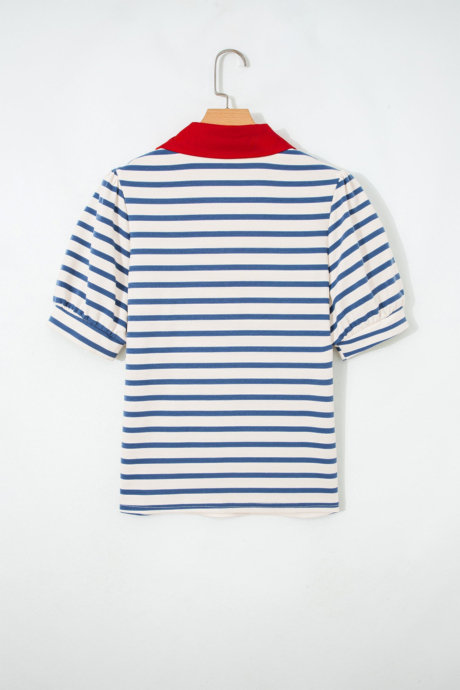 Short Puff Sleeve Color Block Polo Collar Blouse – Pink Stripe