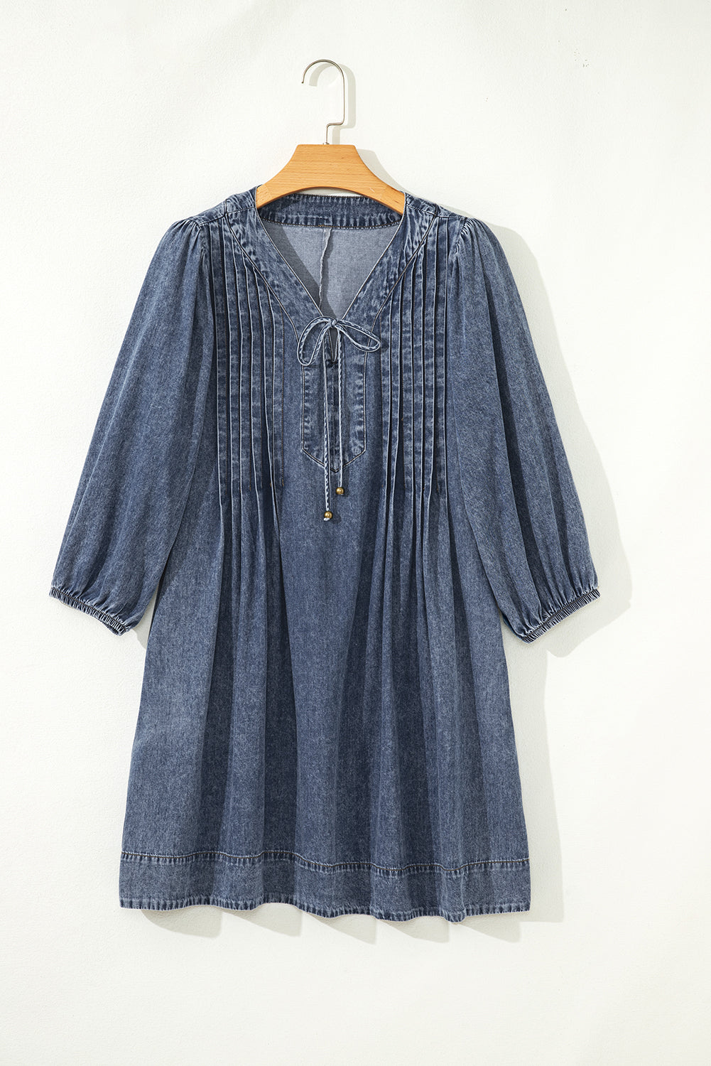 3/4 Sleeve Tied V-Neck Pleated Denim Mini Dress - eAura