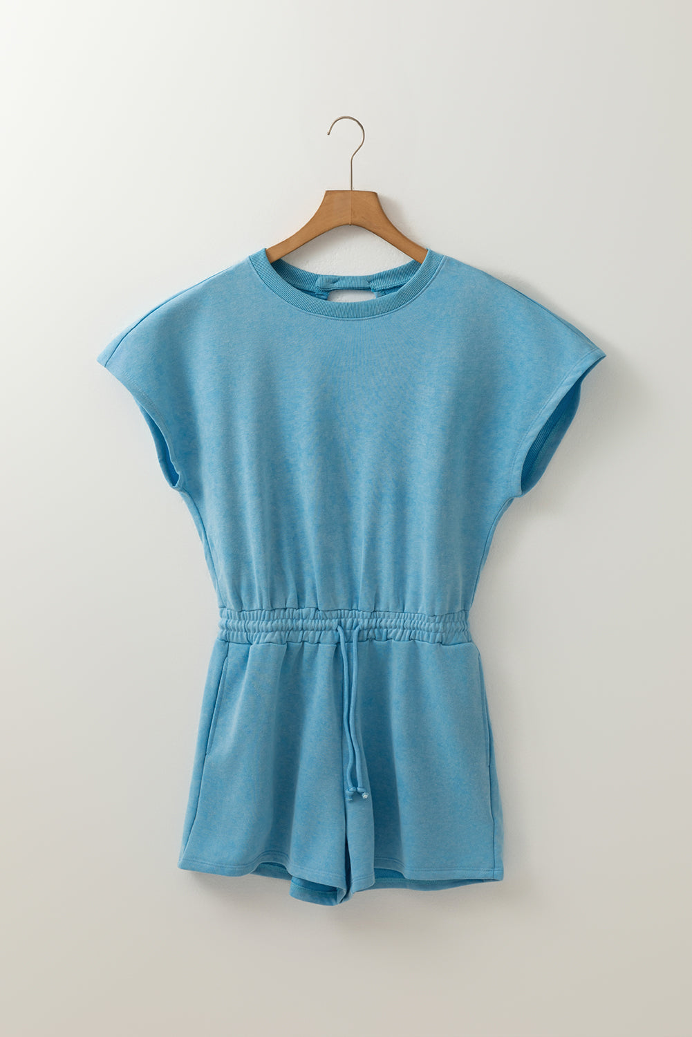 Mineral Wash Drawstring Waist Hollow Out Back Short Sleeve Romper eAura