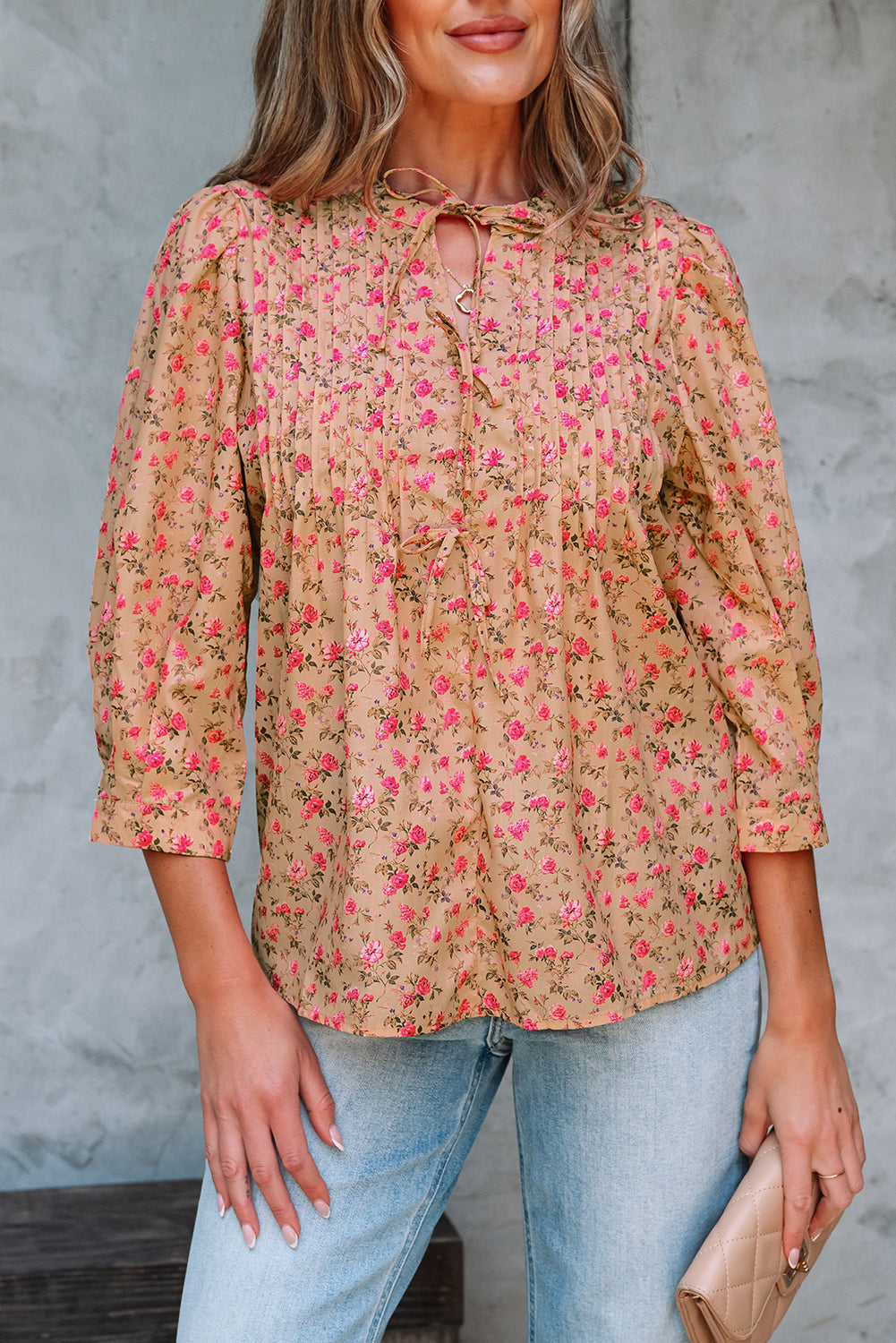 Floral Print Bow Pintuck Bust Half Puff Sleeve Blouse eAura