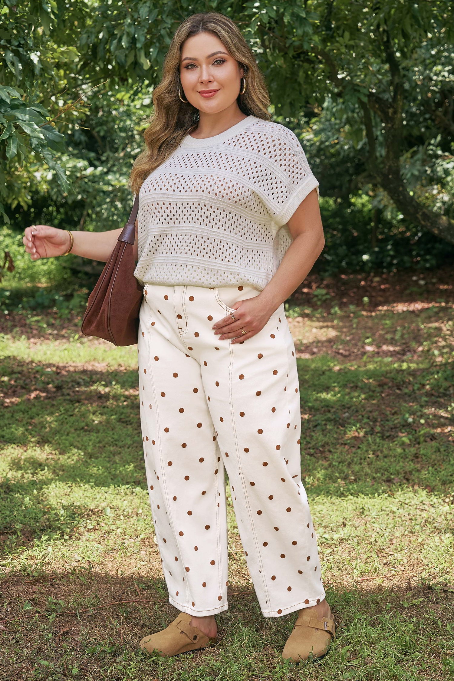 Polka Dot Print Plus Size Barrel Jeans – Beige