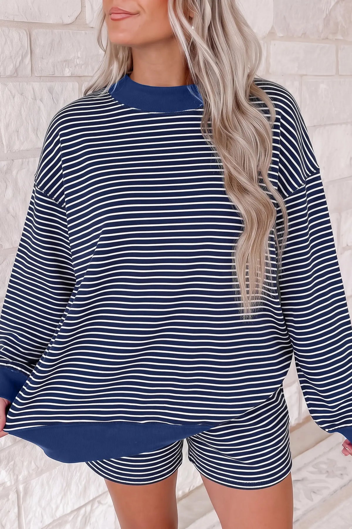 Ribbed Patchwork Mock Neck Baggy Pullover Matching Shorts Set – Blue Stripe