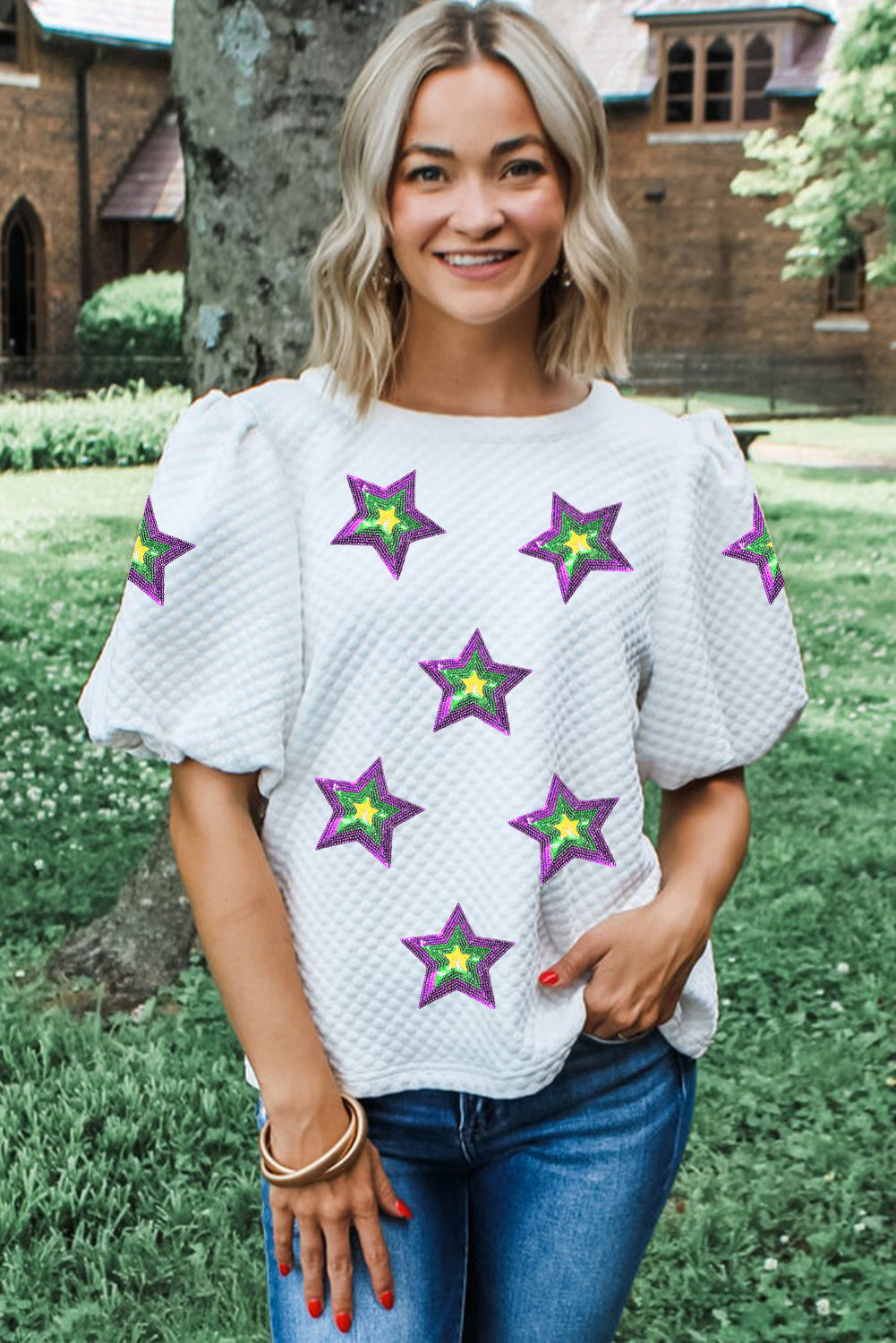 White Textured Sequin Mardi Gras Star Graphic Puff Sleeve Blouse eAura