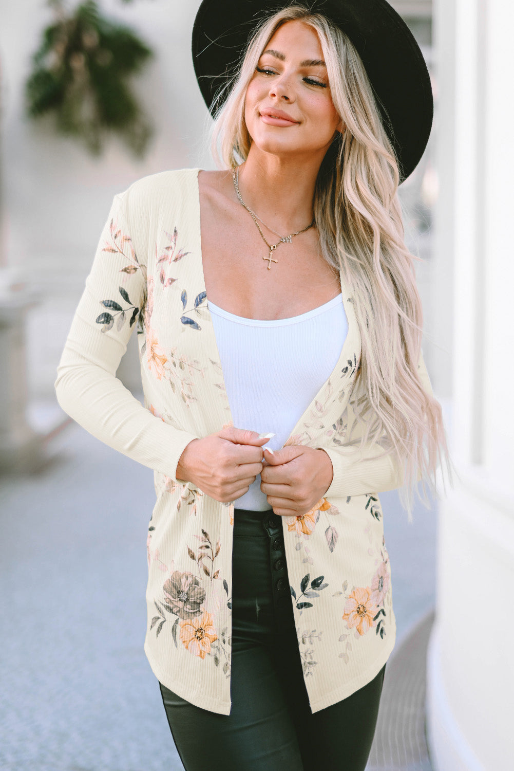 Apricot Floral Print Ribbed Knit Slim Fit Cardigan BB Fashion Outlet