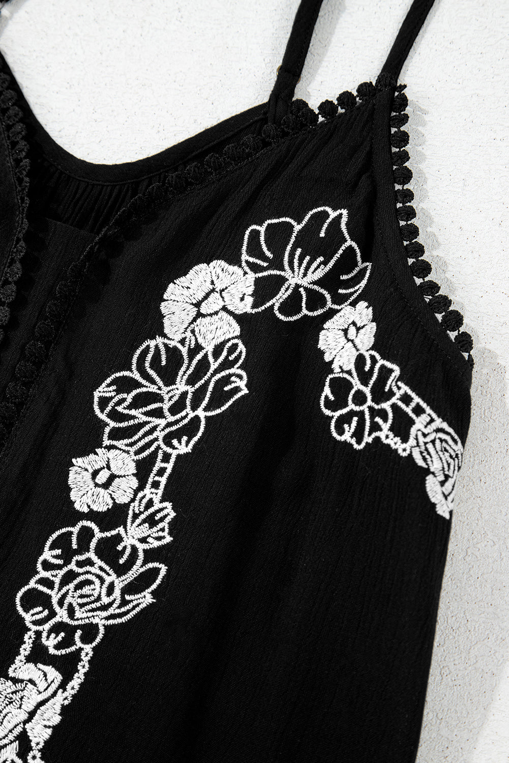 Black Floral Embroidery Ruffled Spaghetti Straps Tank Top eAura