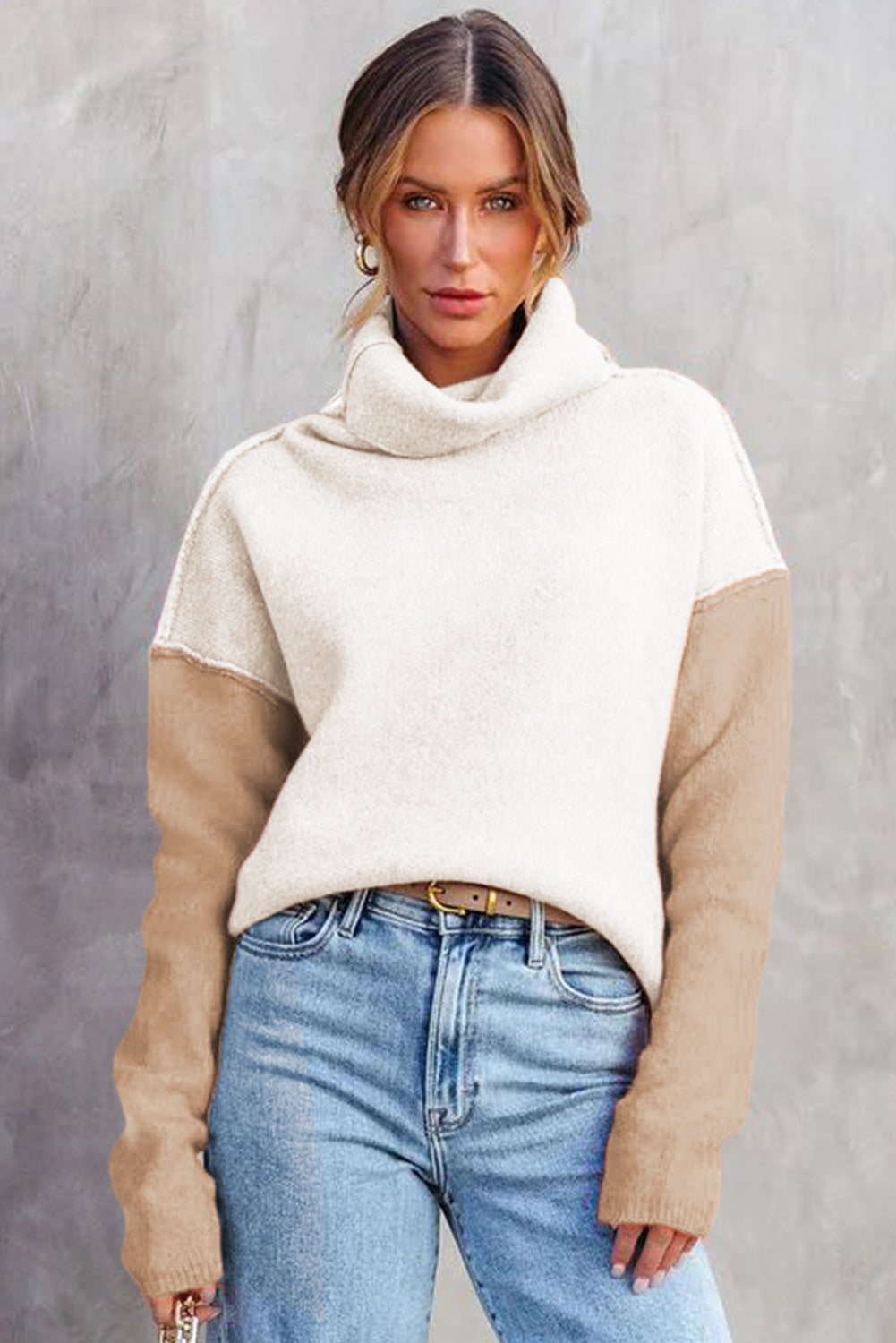 Colour Block Turtle Neck Drop Shoulder Knit Sweater Dear-Lover Dropshipping