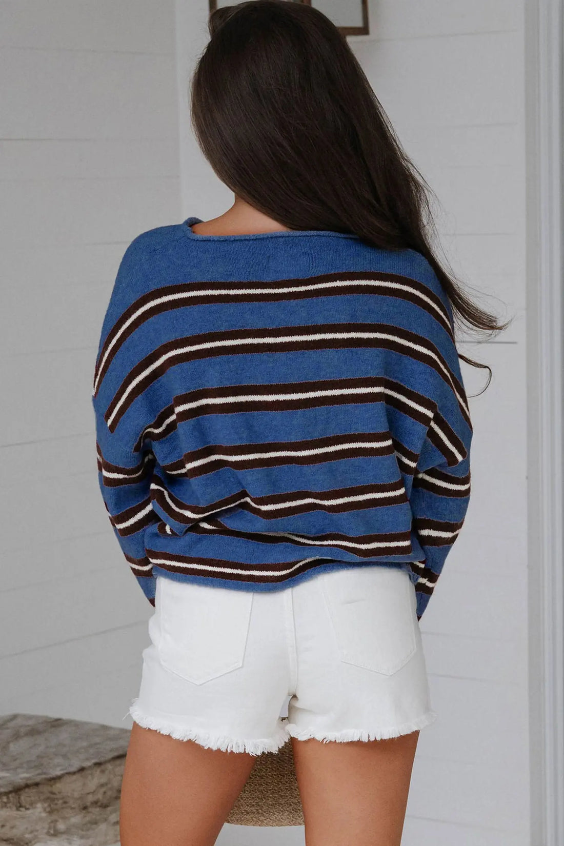 Striped Drop Shoulder Button Cardigan – Blue Stripe