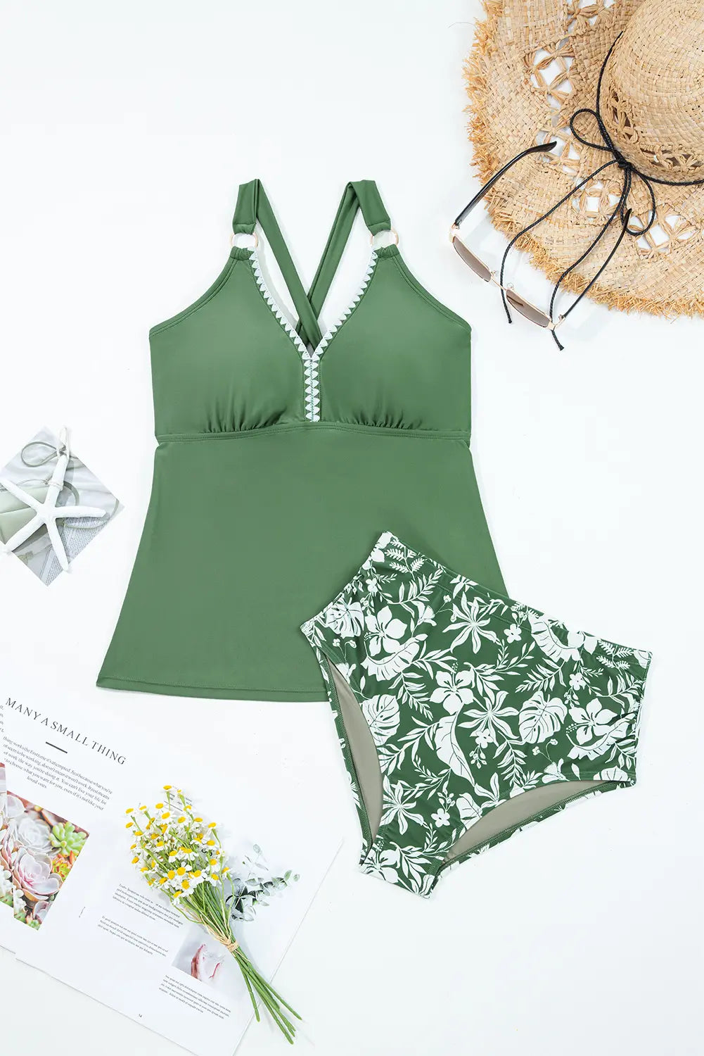 O-ring Knot Back Straps Ricrac Trim V Neck Tankini Contrast Printed Swim Short 2pcs Set – Four Leaf Clover
