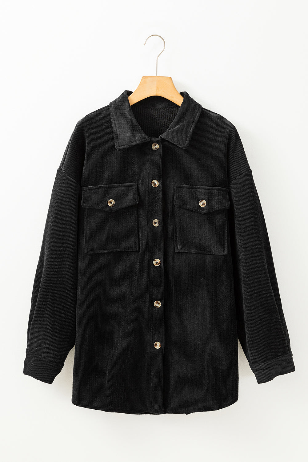 Black Corduroy Flap Pocket Button Up Shacket eAura